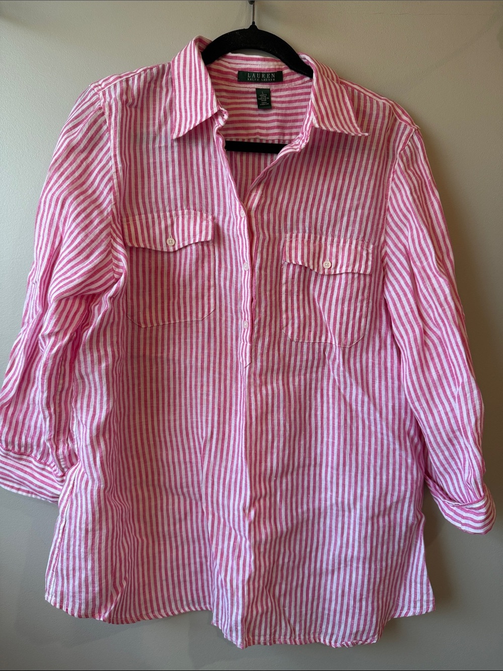 Lauren Ralph Lauren Pink and White Striped Linen Button-Down Shirt tunic L